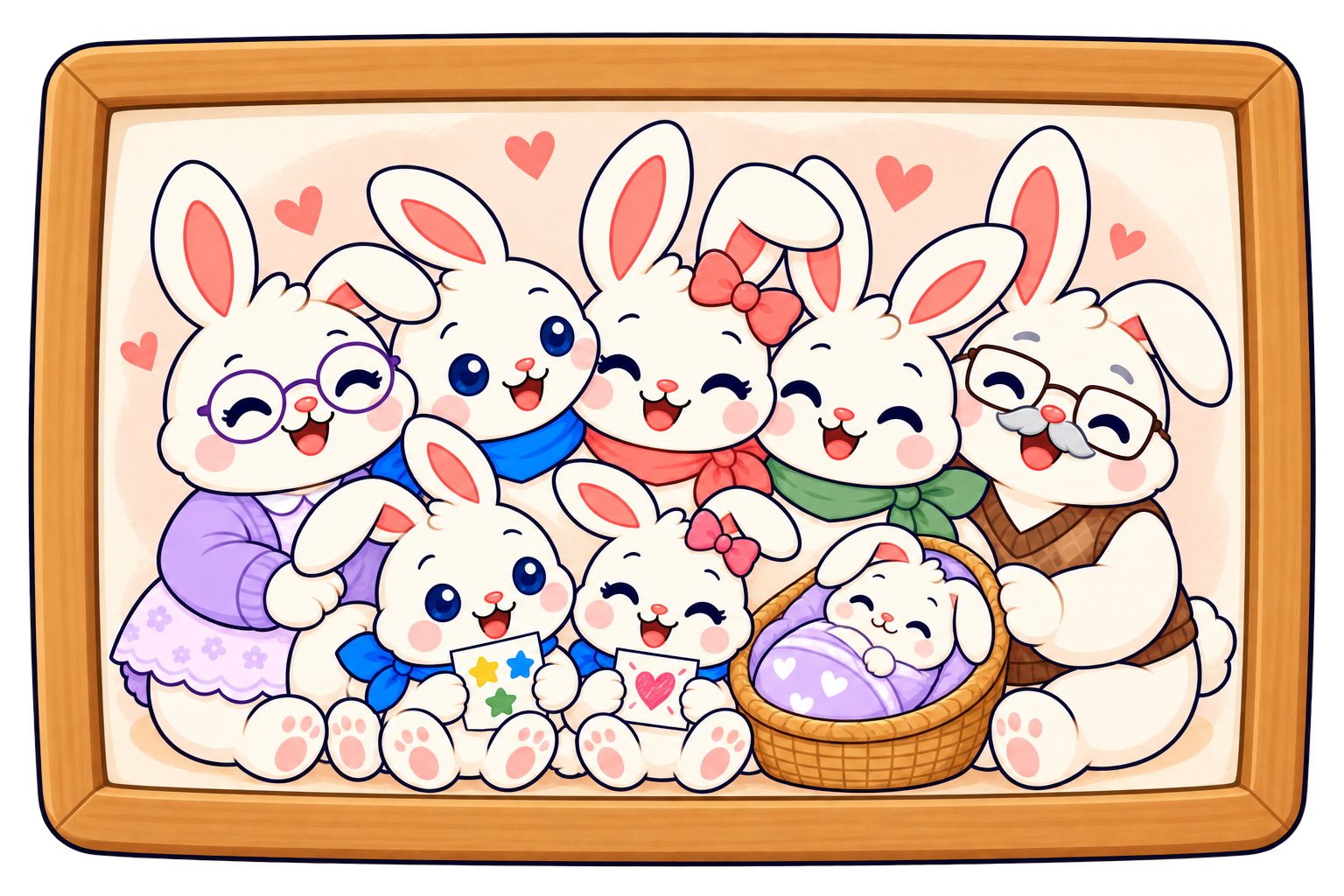 Toda la familia de conejitos en un marco de madera: Oliver, Rosie, Kit, Bea, Button, el tío Rowan, la abuela June y el abuelo Theo.