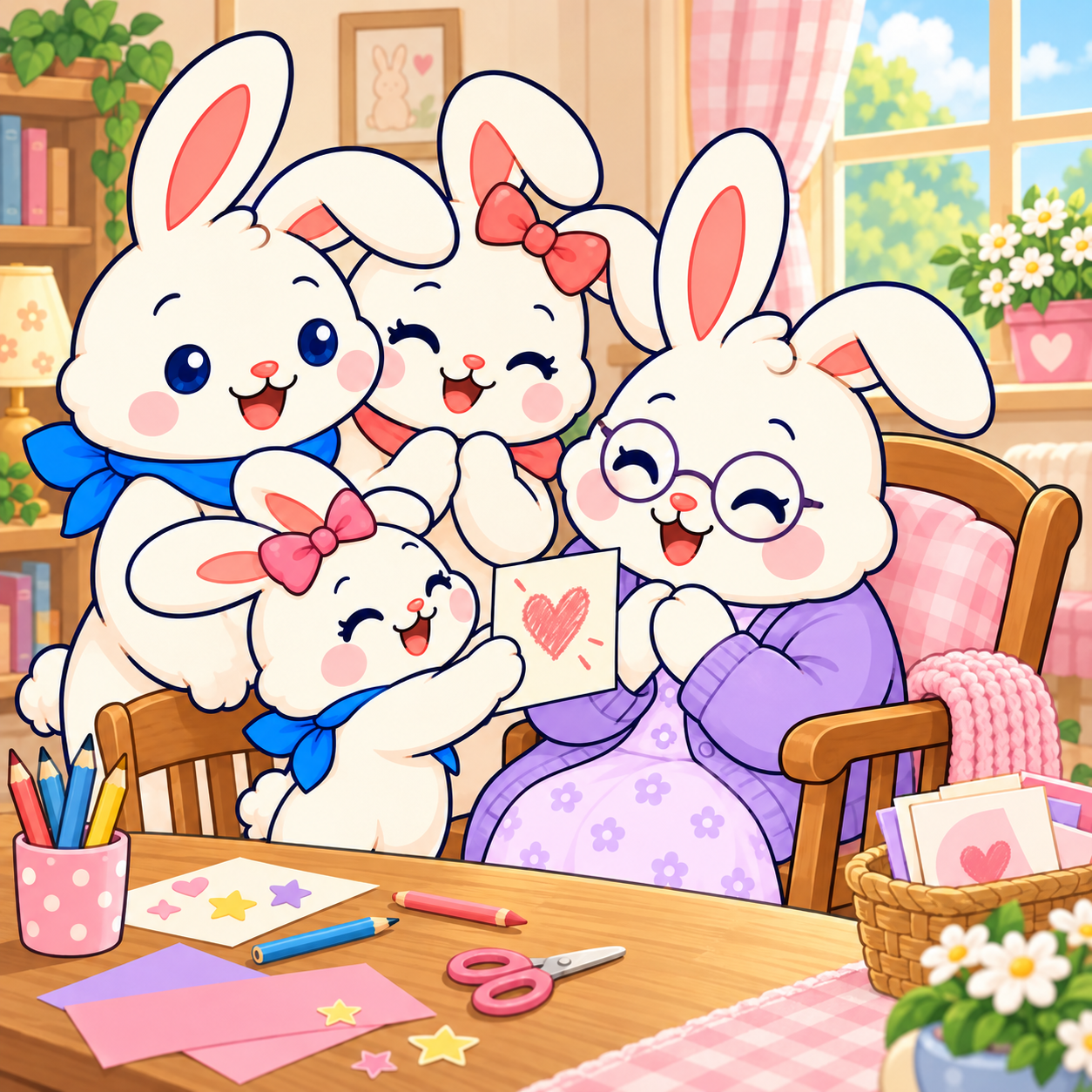 Bea le da una tarjeta a la abuela June mientras Oliver y Rosie las miran en su casita.
