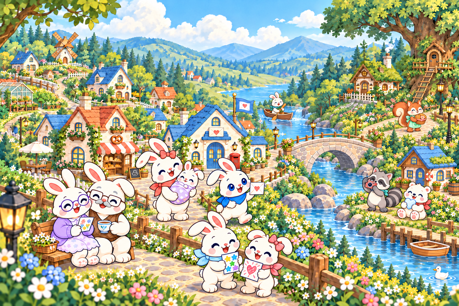 La familia de conejitos y sus amigos en Bunnyland. El tío Rowan rema en una canoa río arriba del puente, Maple lleva galletas, Remy toma una foto y Pebble sostiene un corazón de nieve junto al río.